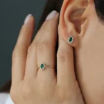 14K Solid Gold Emerald with Halo Diamonds Ring - Image 3
