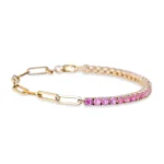 18k Solid Gold Half Pink Sapphire Tennis Paperclip Chain Bracelet - Image 5