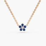 14K Solid Gold Sapphire and Diamond Flower Charm Necklace