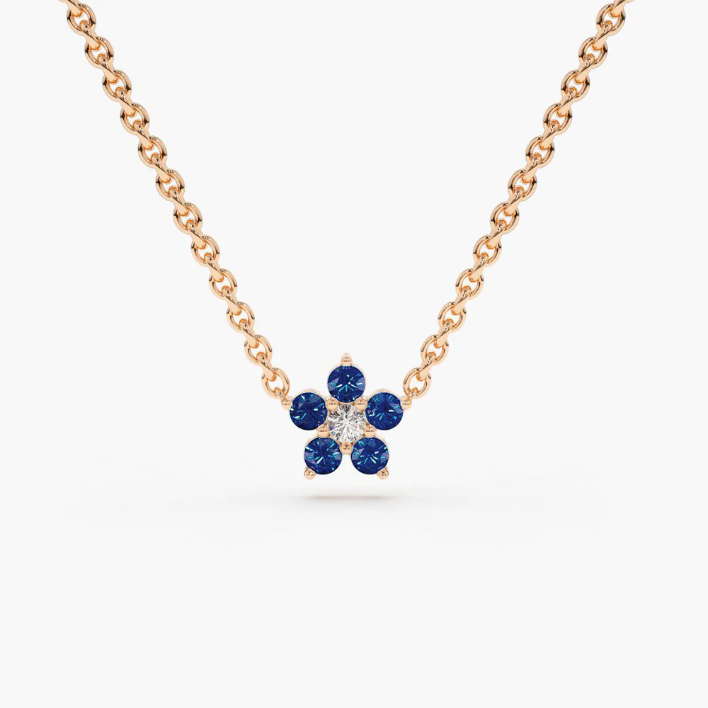 400548_0df8d959b49d4311a372a43af568f1bamv2.webp 14K Solid Gold Sapphire and Diamond Flower Charm Necklace - Image 1