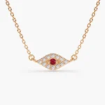 18k Solid Gold Diamond and Ruby Evil Eye Necklace - Image 6