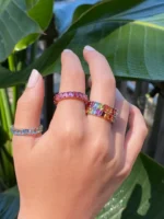 14K Solid Gold Rainbow Emerald Cut Eternity Band - Image 2