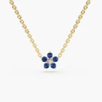 14K Solid Gold Sapphire and Diamond Flower Charm Necklace - Image 3