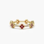 14K Solid Gold Full Eternity Clover Ruby and Diamond Ring - Image 3