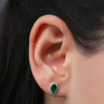 14K Solid Gold Oval Cut Emerald Lab-Grown Diamond Earrings - Image 2