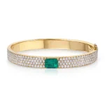18k Solid Gold Diamond Oval Bracelet With Emerald Cut Emerald Center