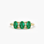 18K Solid Gold Triple Oval Emerald Diamond Ring
