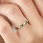 18K Solid Gold  Marquise Emerald and Diamond Wedding Band - Image 7
