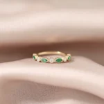 18K Solid Gold  Marquise Emerald and Diamond Wedding Band - Image 5