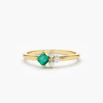18K Solid Gold Dainty Princess Cut Emerald and Diamond Ring