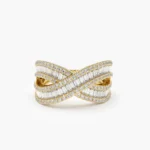 14K Solid Gold Baguette Diamond Crossover Ring