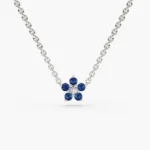 14K Solid Gold Sapphire and Diamond Flower Charm Necklace - Image 4