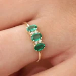 18K Solid Gold Triple Oval Emerald Diamond Ring - Image 6