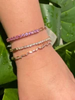 18k Solid Gold Half Pink Sapphire Tennis Paperclip Chain Bracelet - Image 2