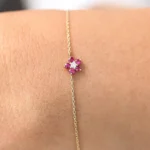 18k Solid Gold Ruby and Diamond Flower Charm Bracelet - Image 2