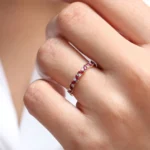 18K Solid Gold Slanted Ruby and Round Diamond Ring - Image 2