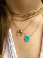 18k Solid Gold Turquoise And Diamond Round Necklace - Image 2