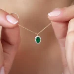 14K Solid Gold Oval Cut Emerald Halo Diamond Necklace - Image 7