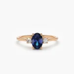 14K Solid Gold Oval Shape Blue Sapphire and Diamond 3 Stone Ring - Image 4