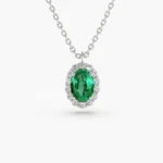 14K Solid Gold Oval Cut Emerald Halo Diamond Necklace - Image 3