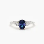 14K Solid Gold Oval Shape Blue Sapphire and Diamond 3 Stone Ring - Image 3