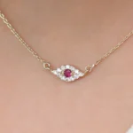 18k Solid Gold Diamond and Ruby Evil Eye Necklace - Image 5