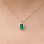 14K Solid Gold Oval Cut Emerald Halo Diamond Necklace - Image 6