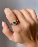 18K Solid Gold Emerald And Diamond Heart Signet Ring - Image 2
