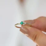18K Solid Gold Dainty Princess Cut Emerald and Diamond Ring - Image 5