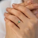 18K Solid Gold Dainty Princess Cut Emerald and Diamond Ring - Image 2