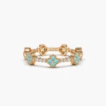 14K Solid Gold Full Eternity Clover Turquoise and Diamond Ring - Image 4