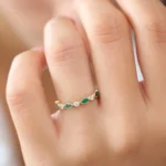 18K Solid Gold  Marquise Emerald and Diamond Wedding Band - Image 2