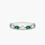 18K Solid Gold  Marquise Emerald and Diamond Wedding Band - Image 3