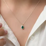 14K Solid Gold Oval Cut Emerald Halo Diamond Necklace - Image 2