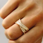 14K Solid Gold Baguette Diamond Crossover Ring - Image 6