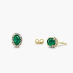 14K Solid Gold Oval Cut Emerald Lab-Grown Diamond Earrings
