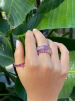 18K Solid Gold Purple Ombre Emerald Cut Amethyst 3/4 Band - Image 2