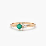 18K Solid Gold Dainty Princess Cut Emerald and Diamond Ring - Image 3