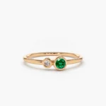 18K Solid Gold Bezel Setting Emerald and Diamond Ring - Image 3