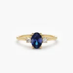 14K Solid Gold Oval Shape Blue Sapphire and Diamond 3 Stone Ring
