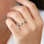 18K Solid Gold  Marquise Emerald and Diamond Wedding Band - Image 6