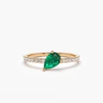 18K Solid Gold Slanted Pear Shape Emerald Ring with Pave Diamonds - Image 7