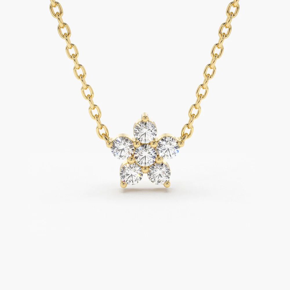 400548_e21533c001384af8a2f05270081ebcd0mv2.webp 14K Gold Flower Charm Natural Diamond Necklace - Image 1