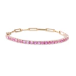 18k Solid Gold Half Pink Sapphire Tennis Paperclip Chain Bracelet - Image 4