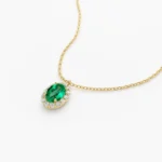 14K Solid Gold Oval Cut Emerald Halo Diamond Necklace - Image 4