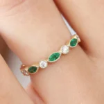 18K Solid Gold  Marquise Emerald and Diamond Wedding Band - Image 8