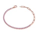 18k Solid Gold Half Pink Sapphire Tennis Paperclip Chain Bracelet - Image 3