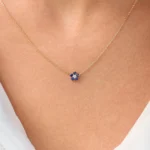 14K Solid Gold Sapphire and Diamond Flower Charm Necklace - Image 2