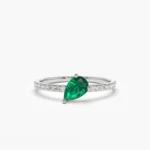 18K Solid Gold Slanted Pear Shape Emerald Ring with Pave Diamonds - Image 6