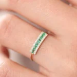 18K Solid Gold Baguette Emerald and Moissanite Diamonds Ring